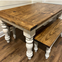 Load image into Gallery viewer, Turned Leg Farmhouse Dining Table - With Benches - Provincial Brown and Sun Bleached Base - Breadboard Ends - Kitchen Table Set
