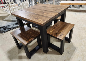 Square Farmhouse Table, Modern Farmhouse Table, Dining Set with Stools, Table with Short Benches, Provincial Brown Top and Black Base