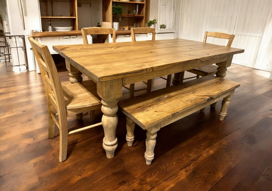6 Foot Farmhouse Table with Benches - Early American Brown - Chunky Turned Table Legs - Wooden Dining Room, Kitchen Table