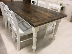 7-Foot Rustic Farmhouse Dining Table with Turned Legs: Dark Walnut Top