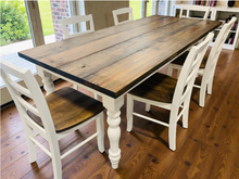 Load image into Gallery viewer, 7-Foot Farmhouse Table: Dark Walnut Top, Antique White Turned Legs
