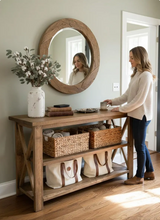 Load image into Gallery viewer, Rustic Wooden Buffet Table: Farmhouse Console Table, Brown Walnut Stain
