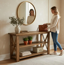 Load image into Gallery viewer, Rustic Wooden Buffet Table: Farmhouse Console Table, Brown Walnut Stain
