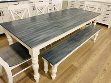 Load image into Gallery viewer, Rustic Farmhouse Dining Table Set: Turned Leg, Carbon Gray Whitewash Top
