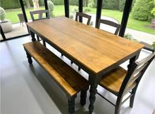 Load image into Gallery viewer, Rustic Turned Leg Farmhouse Table Set, Bench and Chairs with Black Base and Provincial Brown Top, Dining Table Set
