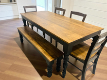Load image into Gallery viewer, Rustic Turned Leg Farmhouse Table Set, Bench and Chairs with Black Base and Provincial Brown Top, Dining Table Set
