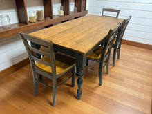 Load image into Gallery viewer, Rustic Turned Leg Farmhouse Table Set, Bench and Chairs with Black Base and Provincial Brown Top, Dining Table Set
