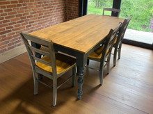 Load image into Gallery viewer, Rustic Turned Leg Farmhouse Table Set, Bench and Chairs with Black Base and Provincial Brown Top, Dining Table Set
