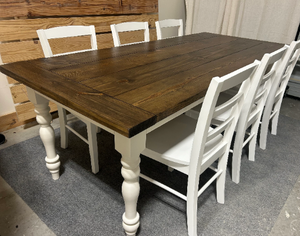 7ft Turned Leg Table with Breadboards and Chairs (Dark Walnut, White)