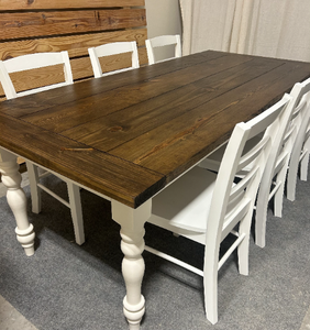 7ft Turned Leg Table with Breadboards and Chairs (Dark Walnut, White)