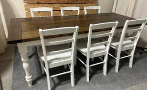 7ft Turned Leg Table with Breadboards and Chairs (Dark Walnut, White)