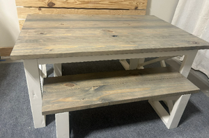 Rustic Farmhouse Dining Set with Benches - Classic Gray Stained Top - Antique White Base - Wooden X Legs - Small Dining Table