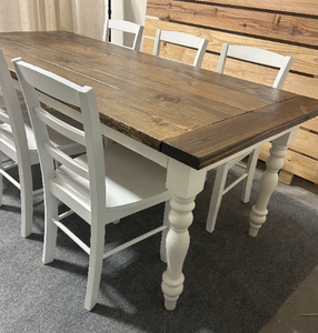 7ft Turned Leg Table with Breadboards and Chairs (Dark Walnut, White)