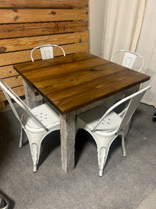 Square Table Set - Farmhouse Style Table with Distressed White and Provincial Brown - White Metal Chairs - Small Kitchen Table Set