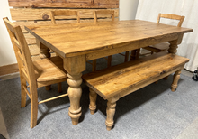 Load image into Gallery viewer, 6 Foot Farmhouse Table with Benches - Early American Brown - Chunky Turned Table Legs - Wooden Dining Room, Kitchen Table
