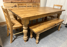 Load image into Gallery viewer, Farmhouse Table Dining Set, Chunky Turned Legs, Chairs and Bench, Early American Brown, Wooden Kitchen Table Set
