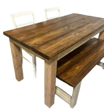 Load image into Gallery viewer, Farmhouse Dining Table Set - Gray and Provincial Brown - Bench Seating and Chair Option - Narrow Wooden Kitchen or Dining Table

