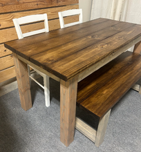 Load image into Gallery viewer, Farmhouse Dining Table Set - Gray and Provincial Brown - Bench Seating and Chair Option - Narrow Wooden Kitchen or Dining Table
