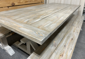 7ft Classic Pedestal Table With Benches (Distressed White, Gray White Wash)