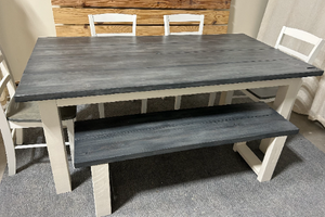 Dining Table Set with Chairs and a Bench - Carbon Gray White Wash - Antique White - Farmhouse Style Dining Table