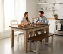 Load image into Gallery viewer, Farmhouse Dining Table Set - Gray and Provincial Brown - Bench Seating and Chair Option - Narrow Wooden Kitchen or Dining Table
