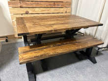 Load image into Gallery viewer, Modern Farmhouse Trestle Style Table Set - With Benches - Black Base with Provincial Brown Top - Dining and Kitchen Table
