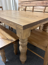 Load image into Gallery viewer, 6 Foot Farmhouse Table with Benches - Early American Brown - Chunky Turned Table Legs - Wooden Dining Room, Kitchen Table
