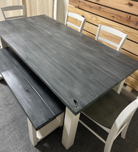 Load image into Gallery viewer, Dining Table Set with Chairs and a Bench - Carbon Gray White Wash - Antique White - Farmhouse Style Dining Table
