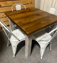 Load image into Gallery viewer, Square Table Set - Farmhouse Style Table with Distressed White and Provincial Brown - White Metal Chairs - Small Kitchen Table Set
