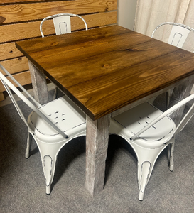 Square Table Set - Farmhouse Style Table with Distressed White and Provincial Brown - White Metal Chairs - Small Kitchen Table Set