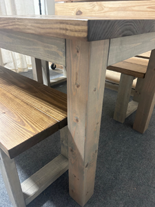 5ft Dining Table - With Benches - Modern Farmhouse Style - Gray, Provincial Brown - Wooden Kitchen Table