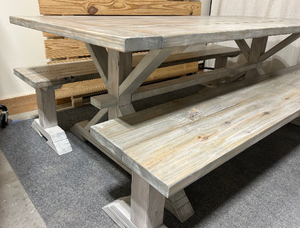7ft Classic Pedestal Table With Benches (Distressed White, Gray White Wash)