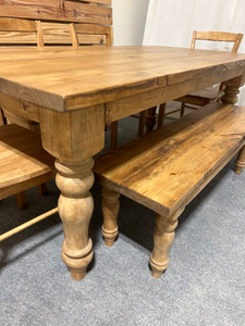6 Foot Farmhouse Table with Benches - Early American Brown - Chunky Turned Table Legs - Wooden Dining Room, Kitchen Table