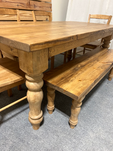 Farmhouse Table Dining Set, Chunky Turned Legs, Chairs and Bench, Early American Brown, Wooden Kitchen Table Set