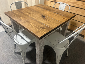 Square Table Set - Farmhouse Style Table with Distressed White and Provincial Brown - White Metal Chairs - Small Kitchen Table Set