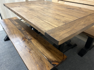 Modern Farmhouse Trestle Style Table Set - With Benches - Black Base with Provincial Brown Top - Dining and Kitchen Table