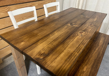 Load image into Gallery viewer, Farmhouse Dining Table Set - Gray and Provincial Brown - Bench Seating and Chair Option - Narrow Wooden Kitchen or Dining Table

