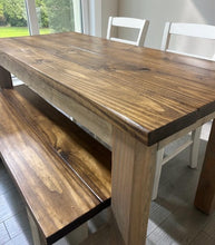 Load image into Gallery viewer, Farmhouse Dining Table Set - Gray and Provincial Brown - Bench Seating and Chair Option - Narrow Wooden Kitchen or Dining Table
