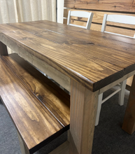 Load image into Gallery viewer, Farmhouse Dining Table Set - Gray and Provincial Brown - Bench Seating and Chair Option - Narrow Wooden Kitchen or Dining Table
