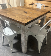 Load image into Gallery viewer, Square Table Set - Farmhouse Style Table with Distressed White and Provincial Brown - White Metal Chairs - Small Kitchen Table Set
