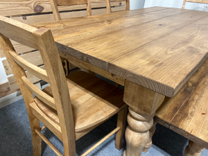 6 Foot Farmhouse Table with Benches - Early American Brown - Chunky Turned Table Legs - Wooden Dining Room, Kitchen Table