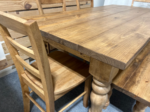 Farmhouse Table Dining Set, Chunky Turned Legs, Chairs and Bench, Early American Brown, Wooden Kitchen Table Set