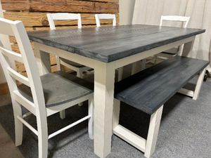 Dining Table Set with Chairs and a Bench - Carbon Gray White Wash - Antique White - Farmhouse Style Dining Table