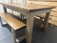 Load image into Gallery viewer, 5ft Dining Table - With Benches - Modern Farmhouse Style - Gray, Provincial Brown - Wooden Kitchen Table
