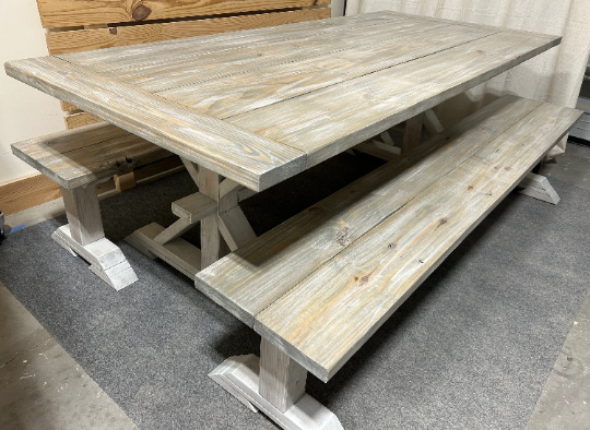 7ft Classic Pedestal Table With Benches (Distressed White, Gray White Wash)