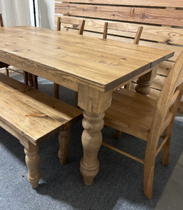 Farmhouse Table Dining Set, Chunky Turned Legs, Chairs and Bench, Early American Brown, Wooden Kitchen Table Set