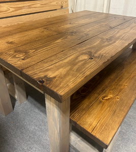 5ft Dining Table - With Benches - Modern Farmhouse Style - Gray, Provincial Brown - Wooden Kitchen Table