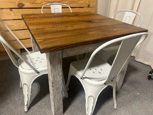 Square Table Set - Farmhouse Style Table with Distressed White and Provincial Brown - White Metal Chairs - Small Kitchen Table Set
