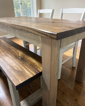 Load image into Gallery viewer, Farmhouse Dining Table Set - Gray and Provincial Brown - Bench Seating and Chair Option - Narrow Wooden Kitchen or Dining Table
