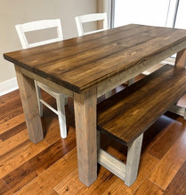 Load image into Gallery viewer, Farmhouse Dining Table Set - Gray and Provincial Brown - Bench Seating and Chair Option - Narrow Wooden Kitchen or Dining Table
